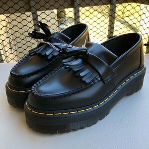 Dr. Martens Adrian Quad Bex Smooth Black Leather Tassel Fringe Platform Loafers